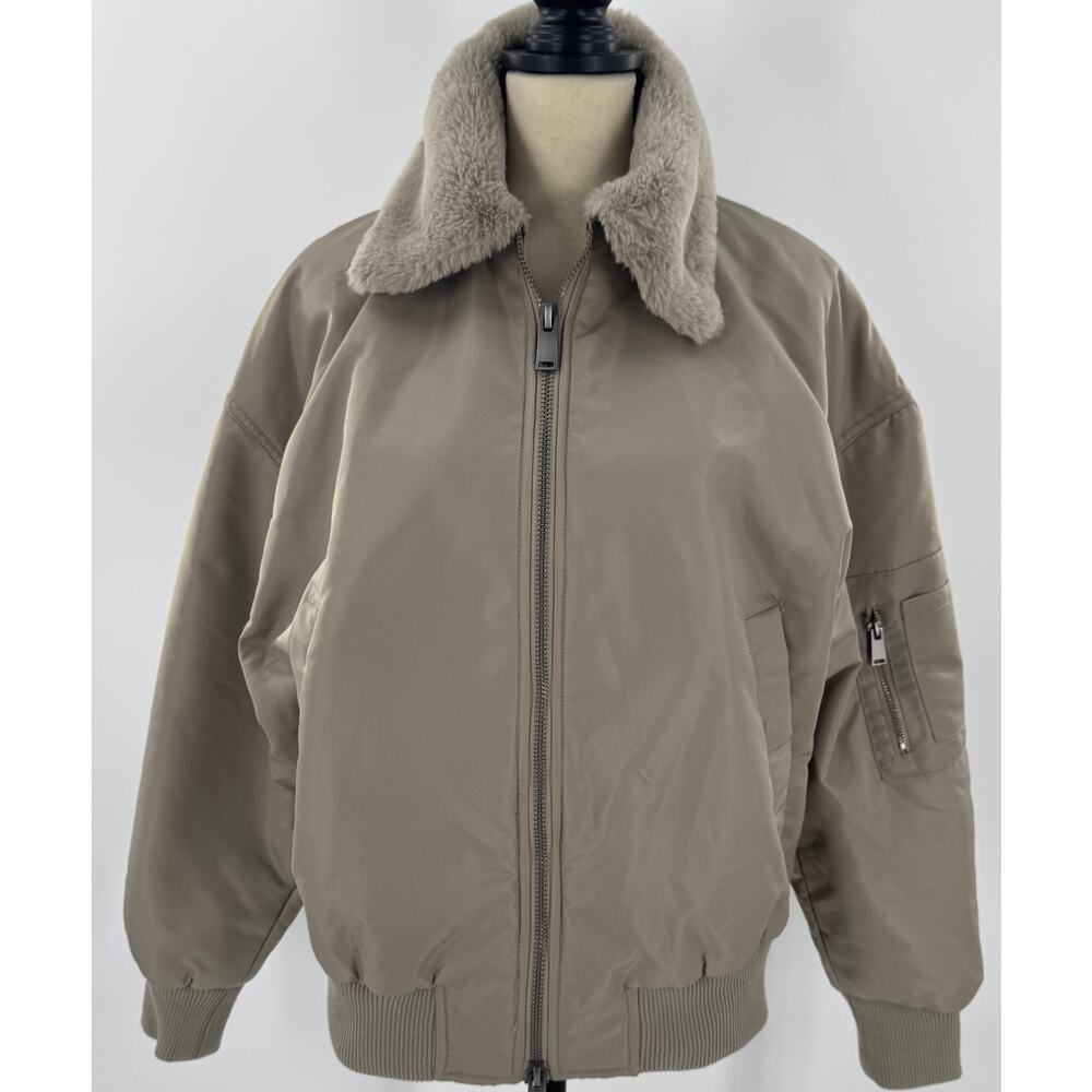 Zara Womens Taupe Gray Bomber Jacket Fur Collar Beige Medium